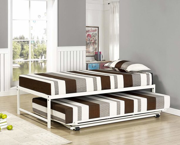 Kings Brand Furniture Twin Size White Metal Platform Bed with Pop Up Trundle