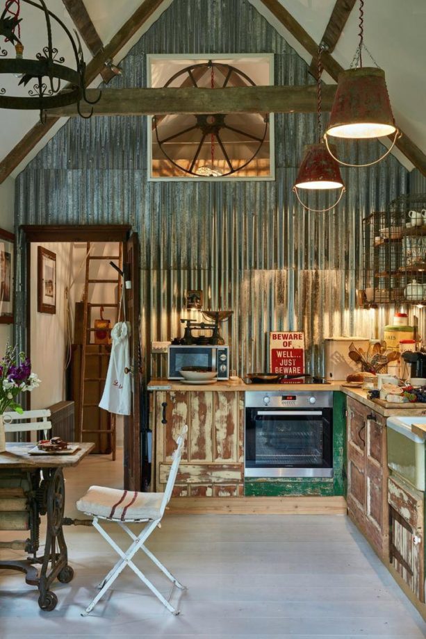 corrugated metal walls in rustic kitchen style