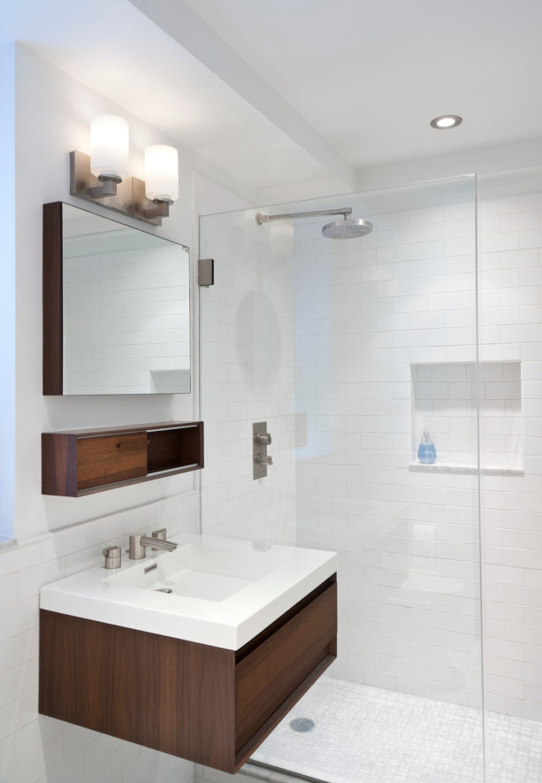 white subway tile and white grout for sink backsplash and shower room wall