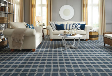 spruce blue square-patterned carpet flooring to match light grey walls in a traditional living room