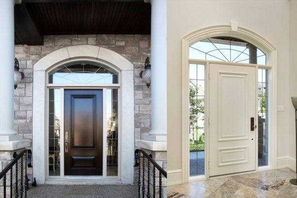 an amazing entry design that combines door, transom, sidelights, and oversized trim