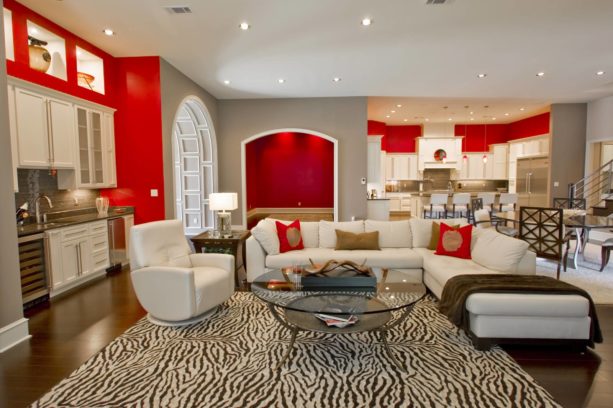 white, grey, and red color combination for a stylish look in a living room