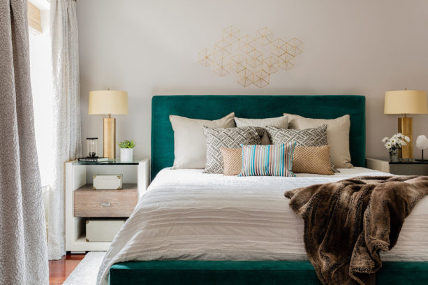 peacock green teal-like bed looks elegant and fashionable in a light gray bedroom