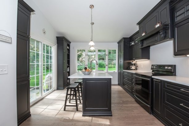 black floor to ceiling cabinets with solid surface countertops