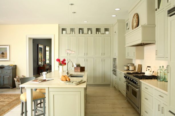 gray floor to ceiling cabinets with satin nickel hardware