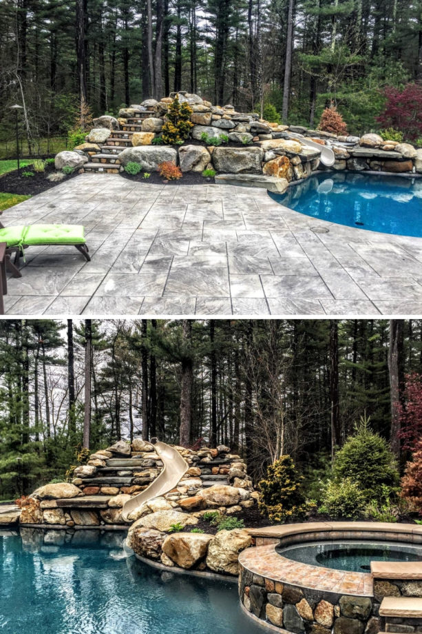 a freeform pool with natural stone hot tub and stamped concrete around