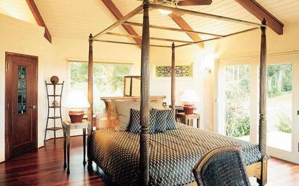 canopy bed in the middle of a tropical room