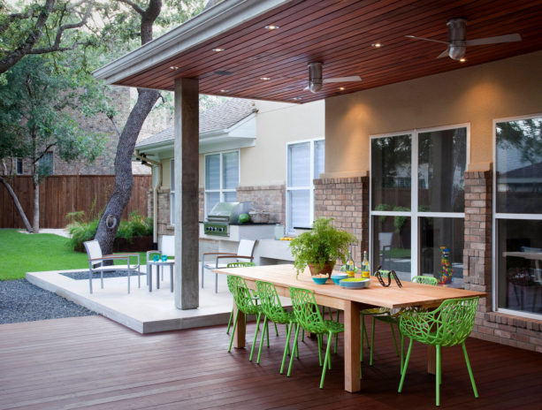 casual dining area under a tigerwood deck ceiling