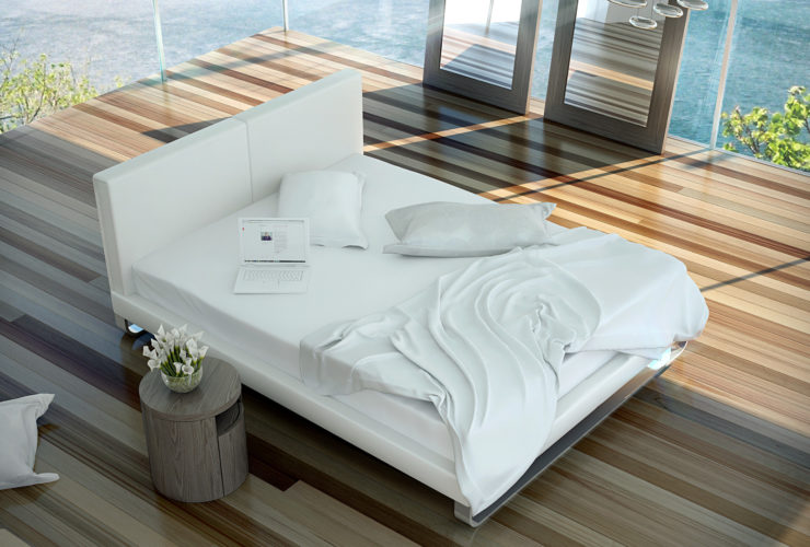 classic platform bed in the middle of a modern room