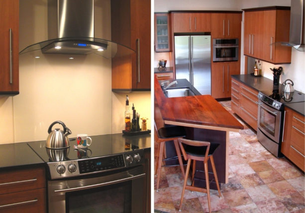 contemporary kitchen with back painted glass backsplash only behind stove