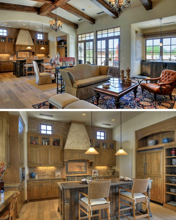 country style kitchen and mountain style living room combo