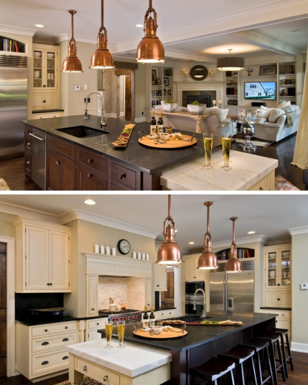 elegant beige wall kitchen and cozy modern living room combo