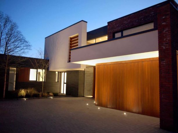 horizontal side sliding garage door illuminated with paving led lights