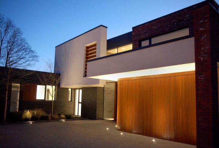horizontal side sliding garage door illuminated with paving led lights