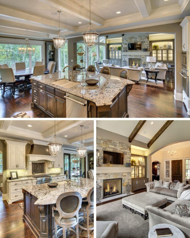 large open transitional kitchen and country style living room combo