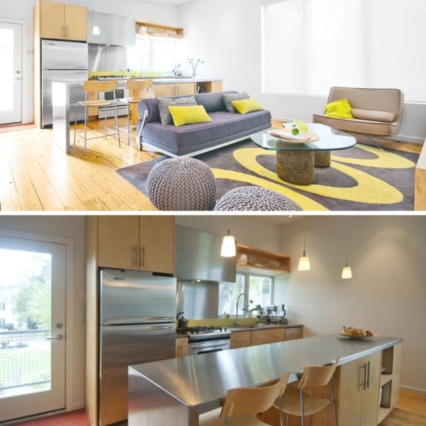 stainless steel modern kitchen and grey contemporary living room combo