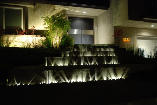 soft glow outdoor lighting under each stair