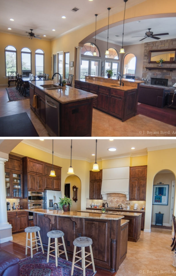 two-level kitchen island complementary with brown countertops