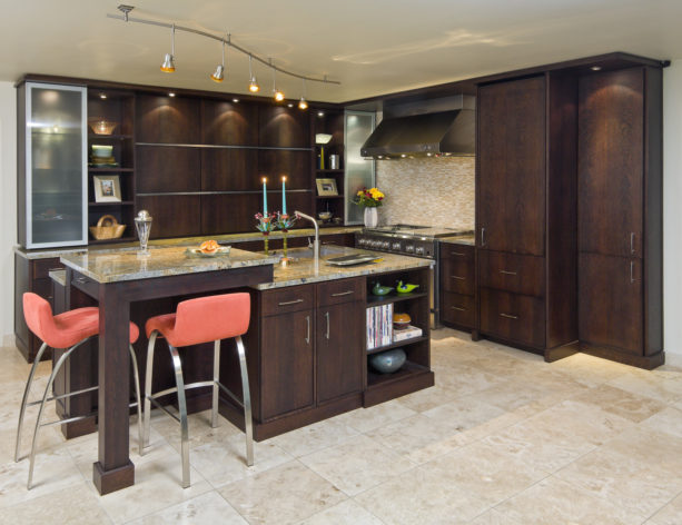 two-level kitchen island with only a small raise to accommodate a pair of stools
