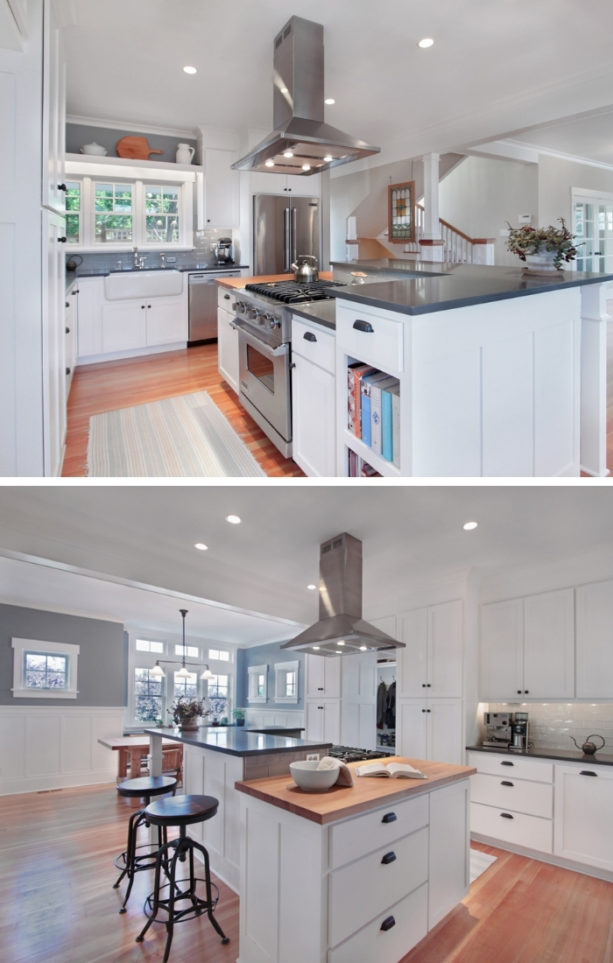 upper l-shaped two-level kitchen island with pental chroma countertops
