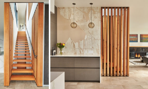 urban modern galley kitchen with small vertical wood slat wall partition