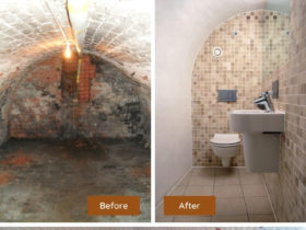 adding a bathroom to a damp barrel-vaulted basement of an old house
