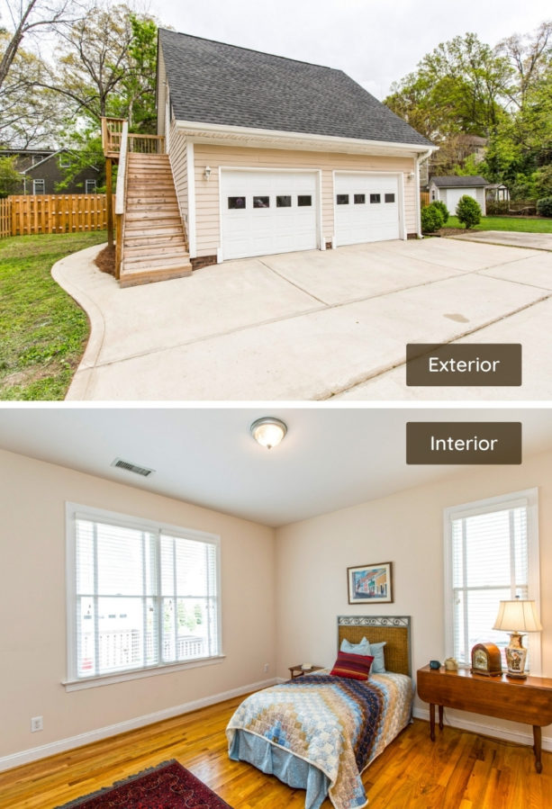 contemporary garage with a bonus bedroom above and outdoor staircase