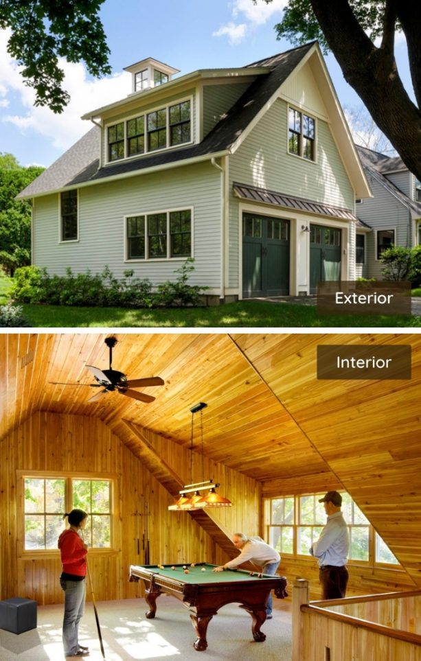 green door garage with a bonus recreation room above