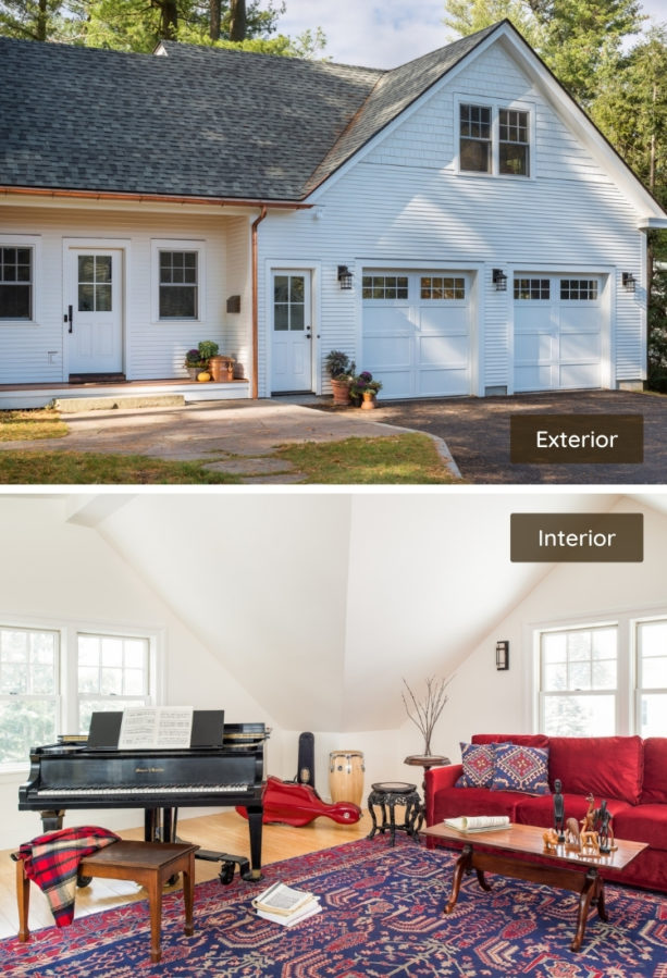 mid-sized contemporary bonus family room above a white door garage