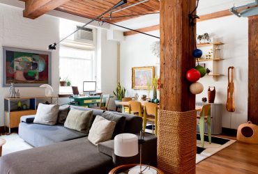 decorating support beam with cantilevered light and tight rope tied around