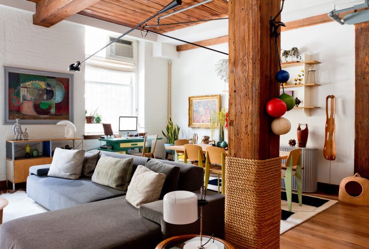 decorating support beam with cantilevered light and tight rope tied around