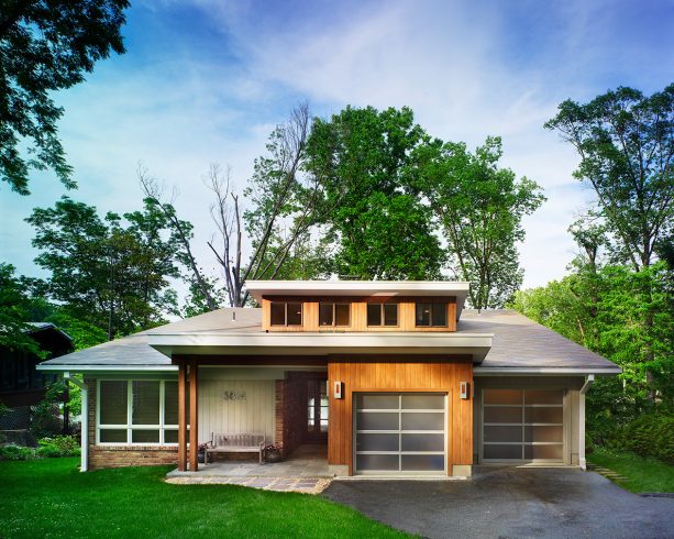 mid-century garage door made of aluminum and glass