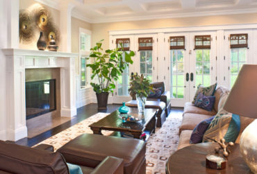 woven shades window treatment for an elegant french door to a patio