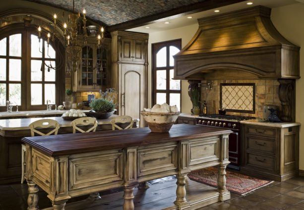 distressed alder wood kitchen cabinets with a white washed base and stain finish