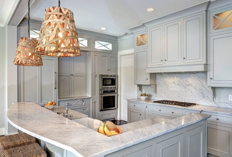 gray cabinets painted in benjamin moore - grey owl paired with white carrara marble countertops