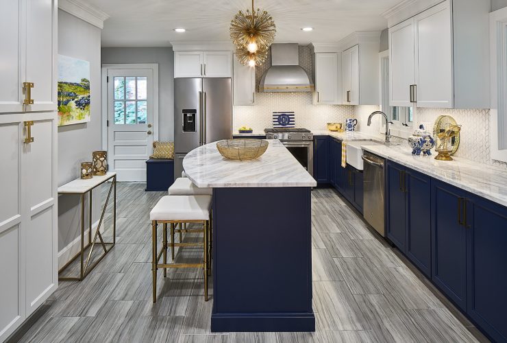 gray ciudad kitchen floor tile with dark blue cabinets