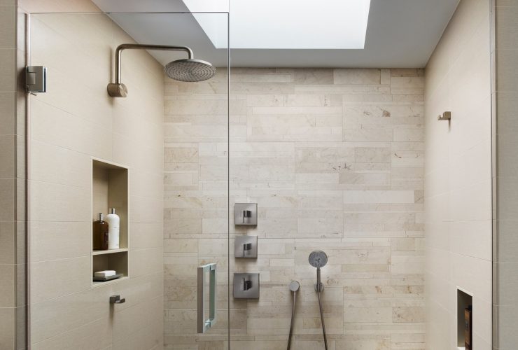 recessed beige-colored wall niche in the bathroom for toiletries