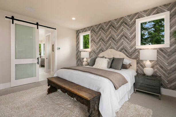 gray herringbone pattern wallpaper accent wall in a contemporary style