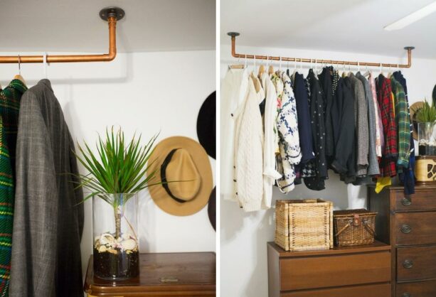 classic styled hanging clothes rack from the ceiling made of copper pipe