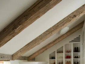 farmhouse style attic closet with shoe racks