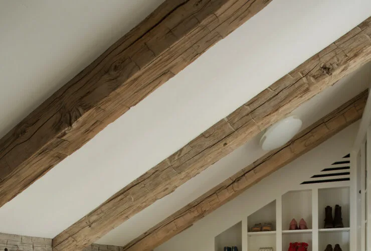 farmhouse style attic closet with shoe racks