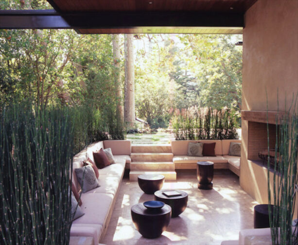 small patio steps surrounded by built-in benches