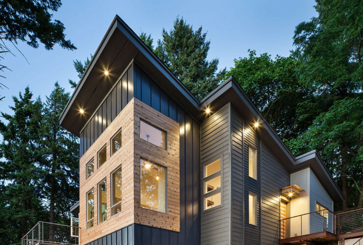 vertical standing seam metal siding in a dark gray color