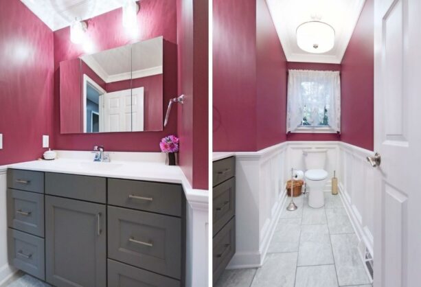 charcoal gray recessed panel cabinet against the pink fuchsia wall