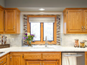 custom color blend of stix tile for backsplash around kitchen window