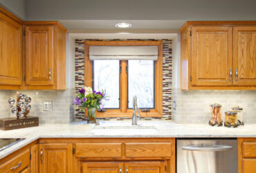 custom color blend of stix tile for backsplash around kitchen window