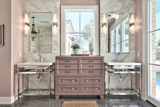 gray tile with dark pink cabinet to create an ultra-modern bathroom