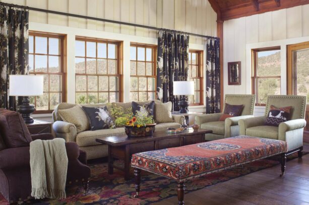 wooden windows with light-colored shaker trim around